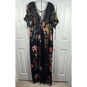 Maurice’s Maxi Dress Size 3X Black Floral Packable Elastic Waist Party Travel